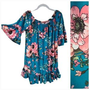 Anthropologie Uncle Frank Super Soft Teal Floral Print Ruffled Shift Midi Dress